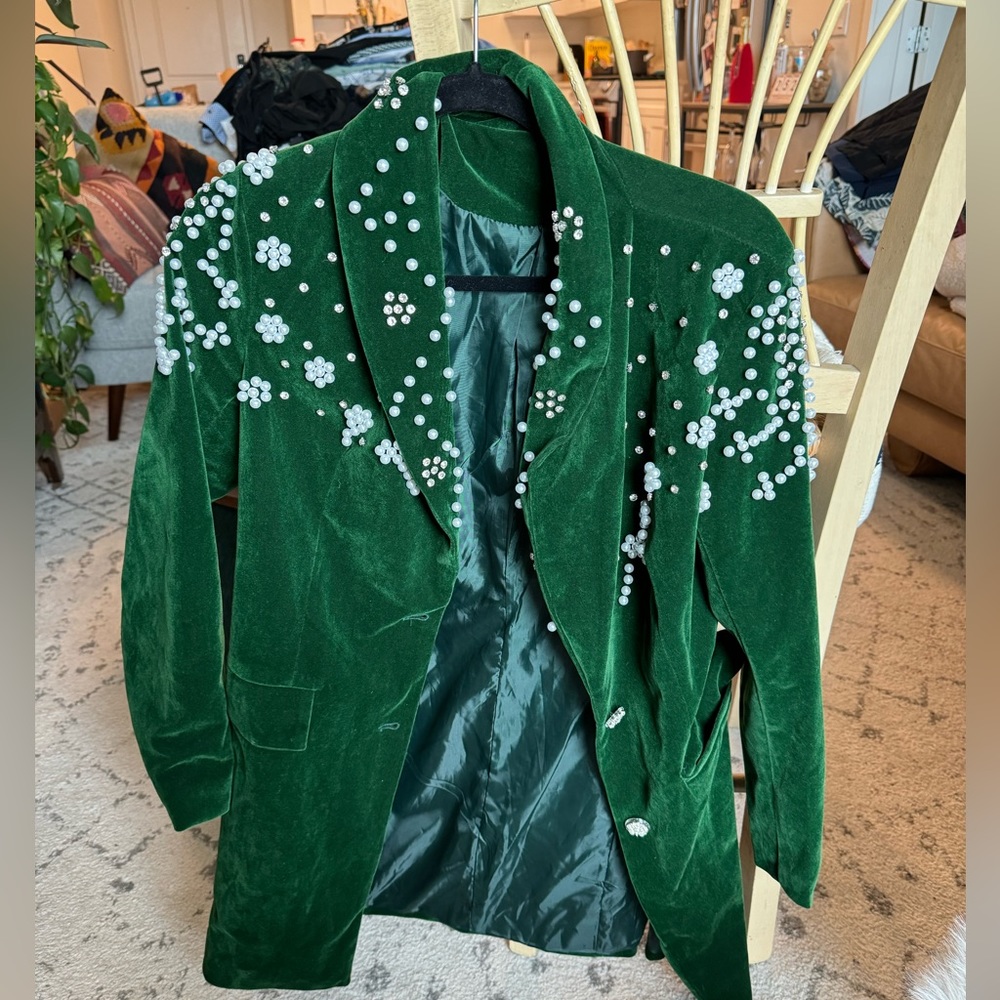 Green Velvet Blazer with Pearl Embellishments